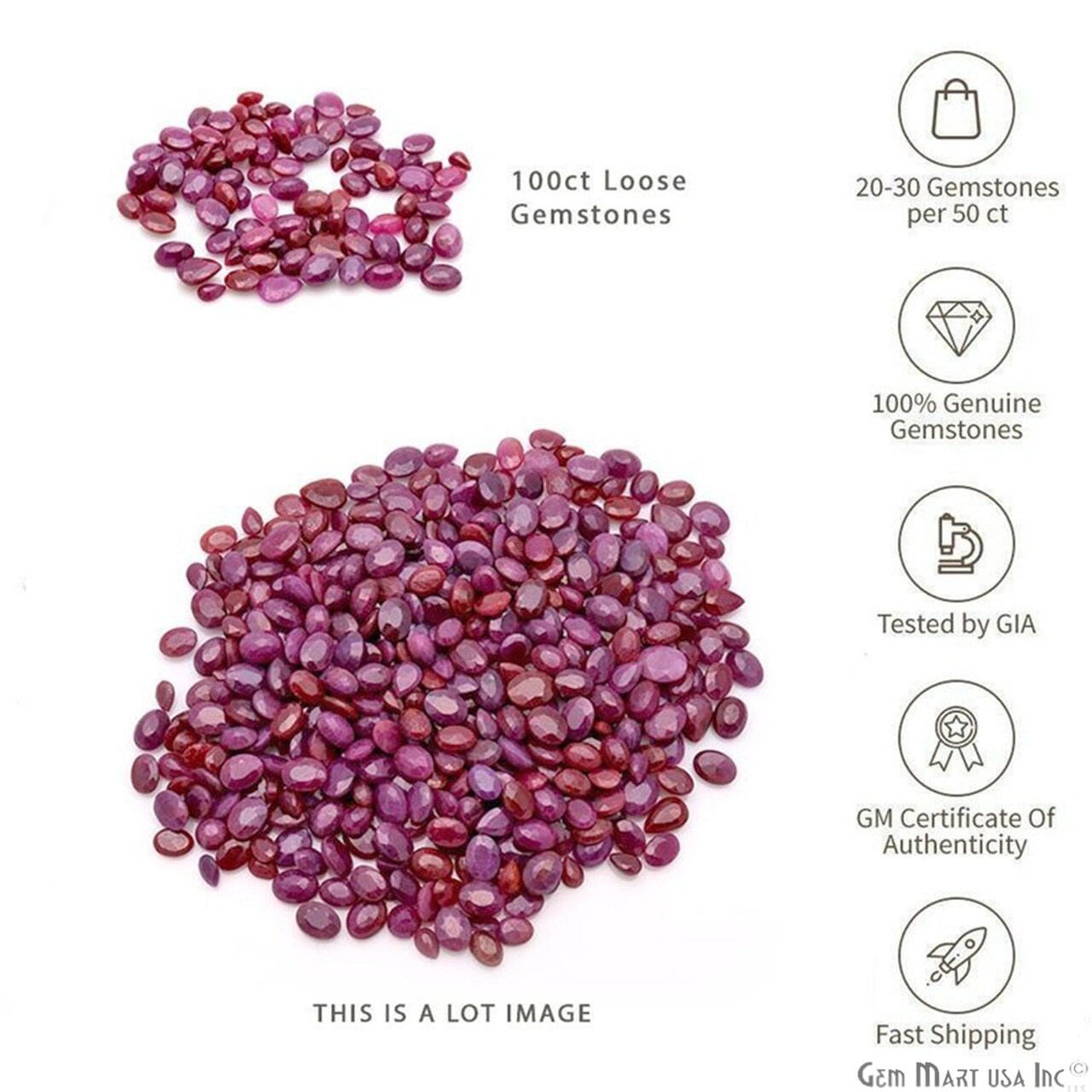 Ruby Gemstone, 100% Natural Faceted Loose Gems, July Birthstone, 6-10mm, 100 Carats, GemMartUSA (RB-60003)
